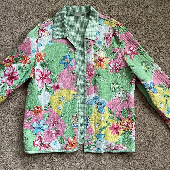 Alfred Dunner Sweaters - Vintage Womens Floral Gingham Quilted Reversible Jacket Oversized PLUS size 18W